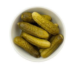 Pickled cucumber in a bowl top view isolated on transparent background.
