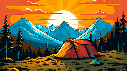 Tent in the wild with forest, mountains and sunset or sunrise. Hiking and camping concept with Colorful art design with thick black outlining and strong colors. Logo or banner use.
