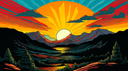 Mountains, Sunrise and river. Wanderlust or Hiking feeling in colorful art design with thick black outlining and strong colors. Logo or banner use.