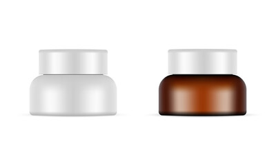 Two Cream Jars Mockups, Plastic And Amber, Isolated on White Background. Vector Illustration