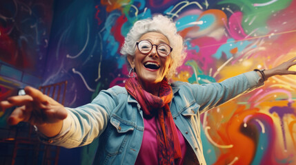 A senior woman experimenting with graffiti art,  expressing creativity with vibrant colors