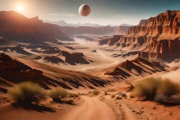 The shot is very wide. A landscape of arid canyons, the wind blowing, dust clouds rising - AI Generative