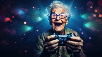 An elderly woman confidently navigating a video game controller,  enjoying virtual challenges