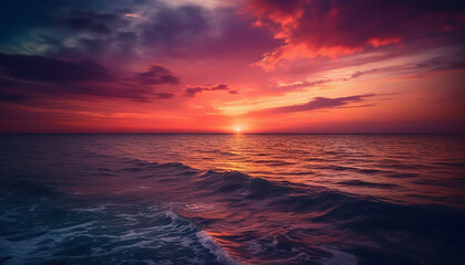 Idyllic sunset over tranquil waters, vibrant sky reflects beauty in nature generated by AI