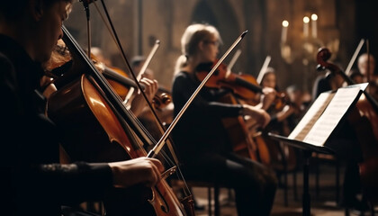 Fototapeta premium Young adults playing classical music on string instruments at concert generated by AI