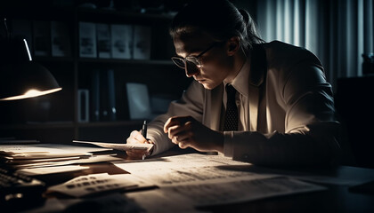 Successful businessman working late, studying blueprint with confidence indoors generated by AI