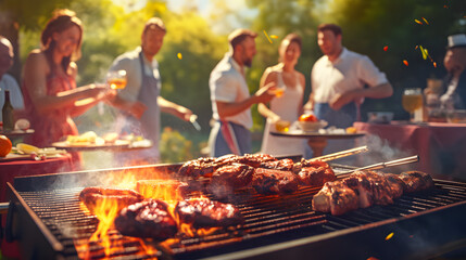 labour day celebration with meat on the barbecue and group of friends