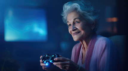 An elderly woman confidently navigating a video game controller,  enjoying virtual challenges