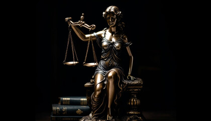 Justice statue holds sword and scales, symbolizing legal system authority generated by AI