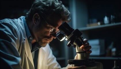 Fototapeta na wymiar Caucasian scientist analyzing scientific experiment with microscope indoors in laboratory generated by AI