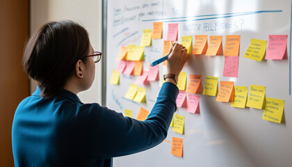 Young adult Caucasian males standing, pointing at whiteboard brainstorming ideas generated by AI
