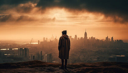 Standing businessman looking at cityscape skyline at sunset with confidence generated by AI