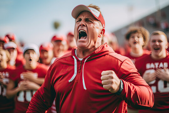 A coach and his team cheer for the players on the field during a football match.