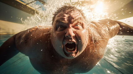"Swimming": fat human A swimmer is doing laps in a pool, providing a full-body workout that helps burn calories and tones muscles
