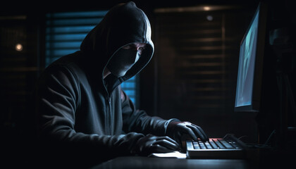 The computer hacker in a hooded shirt is stealing data generated by AI