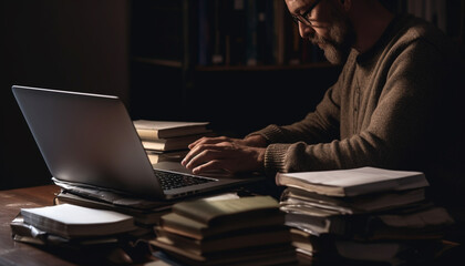 One man studying literature indoors with laptop and book generated by AI