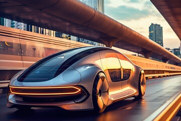 Fototapeta premium Atmospheric scene featuring futuristic unmanned vehicle. Generative AI