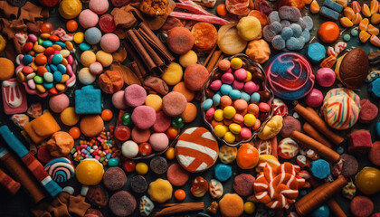 Fototapeta premium A vibrant, multi colored heap of homemade sweets and cookies generated by AI