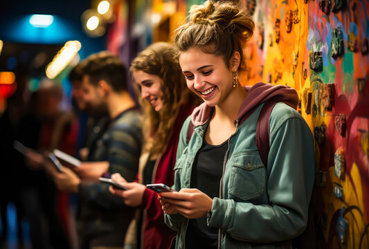 college students are looking at their tablets in a store