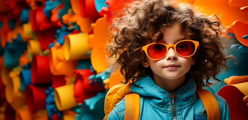 cute little girl in sunglasses and backpack in the day to go to school, fall colors - Powered by Adobe