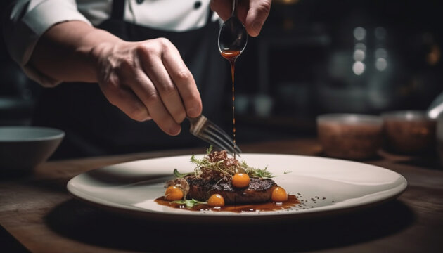Caucasian chef prepares gourmet seafood salad for healthy lunch indoors generated by AI