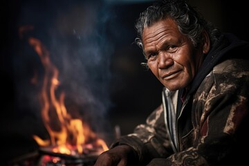 Fototapeta na wymiar In cozy confines of home, middleaged Aboriginal man sat before fireplace, struggling with involuntary memories. This restrictive cognitive intrusion, often replaying traumatic incidents, kept