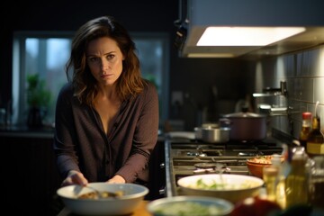 woman in prime busy preparing dinner in contemporary kitchen. Despite familiarity of actions, she feels lost and confused, if shes performing them for first time. This sense of alienation from