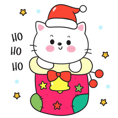 Cute cat in Christmas sock kawaii animal card