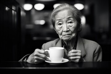 elderly Asian woman sat in bustling coffee shop, hands tightly clutching cup of tea, unable to shake off thoughts that disrupted daily functioning. This intensity of emotional intrusiveness,