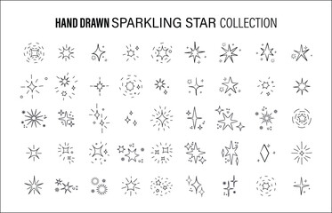 hand drawn sparkling star collection. Hand drawn stars silhouette vector collection. Firework sparkles icons set isolated on white. Decoration flicker, flash magic symbol.