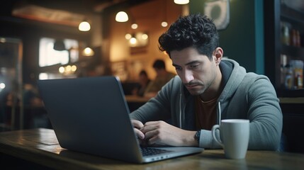 adult man with Hispanic lineage, amidst bustling coffee shop. He gazes blankly at laptop screen, struggling with psychological phenomenon known thought suppression strategy used to eliminate