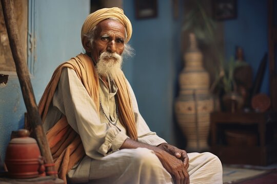 elderly gentleman of Indian heritage, dressed in traditional attire, seated in comfortable home. Hes engrossed in morning rituals, yet sense of derealization makes routine feel strange and