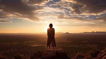 young Native American man stands atop craggy hill in arid. He stares towards setting sun, its profound hues summoning past memories. conventions of cognitive psychology unfurl he applies semantic