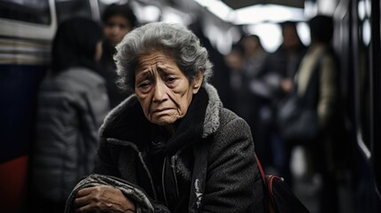 Fototapeta na wymiar Latina woman of mature years sits in crowded bus station, eyes b with unshed tears. She lost in own world of unspeakable psychological trauma, hypervigilance indicated by frantic scanning of