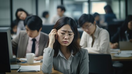 In crowded office space, young Asian woman quietly keeps to corner, straying away from interaction with colleagues. With physical trauma from recent still fresh, it becomes apparent that coping