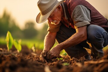 Farmer digs in ground with his hands