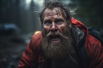 Obraz premium Deep within Scandinavian forest, rugged European man dwells. He now lives recluse after he survived bear attack. Hes ped in cycle of incessant nightmares and flashbacks, typical signs of posttraumatic