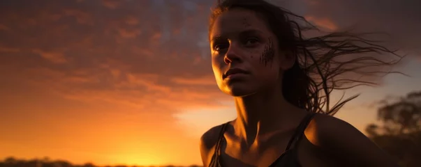 Foto op Plexiglas Australian Aborigine teenager spends evenings painting outbacks spectacular sunsets. She bears on body repercussions of kangaroo attack. preoccupation with incident and recent avoidance behavior © Justlight