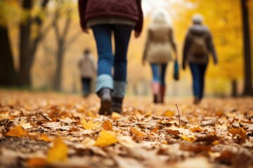 older Caucasian woman, walks with group therapy members in serene woodland park, feet crunching lightly on autumn leaves. Their collective camaraderie and mutual understanding, foster safe