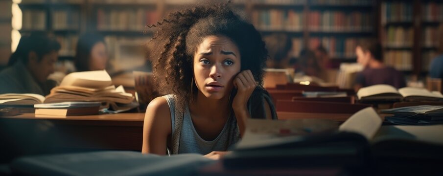young African American woman, sporting casual tank top and styleconducive yoga pants, finds herself amidst bustling college library. Huddled over table laden with tomes that appear intricate