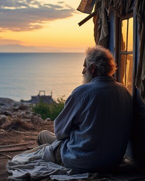 aging Greek man spends sunsets overlooking beach from dilapidated cabin. longing gaze at sea paints picture of unprocessed bereavement from princessstyle shipwreck, providing stark image of