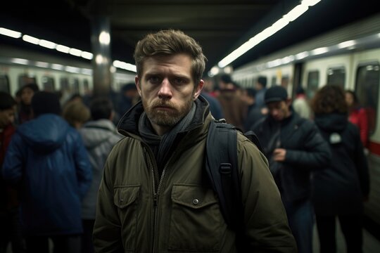 middleaged Caucasian male, stands in quiet corner of bustling subway station, safe in anonymous crowd. rigid posture betrays constant alertness, hypervigilance stemming from traumatic past