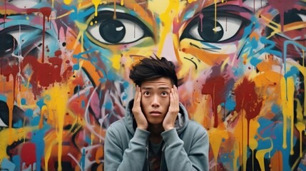 Within multicultural neighborhood, Asian teenager finds solace in street art, emotions pouring out in lively colors onto concrete canvas. artistic expression indicates understanding and coping