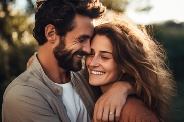 Naklejka premium Beautiful man and woman hugging in nature