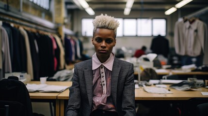 Inside fashionforward workplace, nonbinary person ruptures monotony with statement outfit unconventional and disruptive. Their expressive sartorial choices act of rebellion against norms of