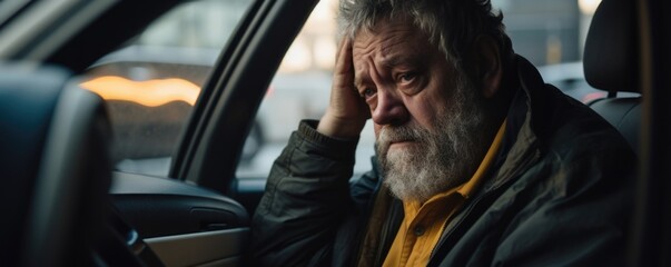 aged Caucasian man, cab driver by profession, sits in vehicle by curb, lost in deep thought. He ponders over career change and how it might impact cognitive dissonance, mental distress from