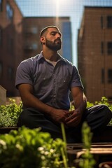 In heart of industrial metropolis, Arab man, just past youthful years, finds solace in rooftop garden. Job burnout, emotional exhaustion related to current career, nudges him to consider shift