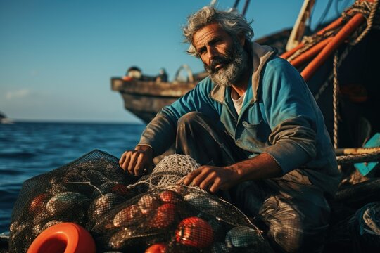 Portrait of sailor with nets in boat