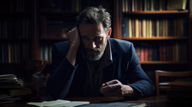 middleaged Caucasian male, in solitude of study room, engrossed in studies of Jungian psychology. He trying to develop understanding of selfconcept and using theory of Self guide to exploring