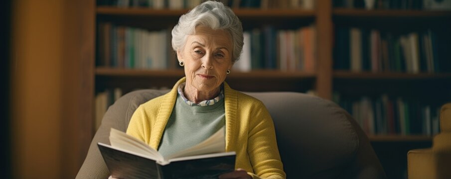 Elderly Caucasian Woman, Seated In Quiet Library Corner, Engrossed In Reading About Kohlbergs Stages Of Moral Development. This Knowledge Aids In Acknowledging Its Significance In Shaping Selfidentity